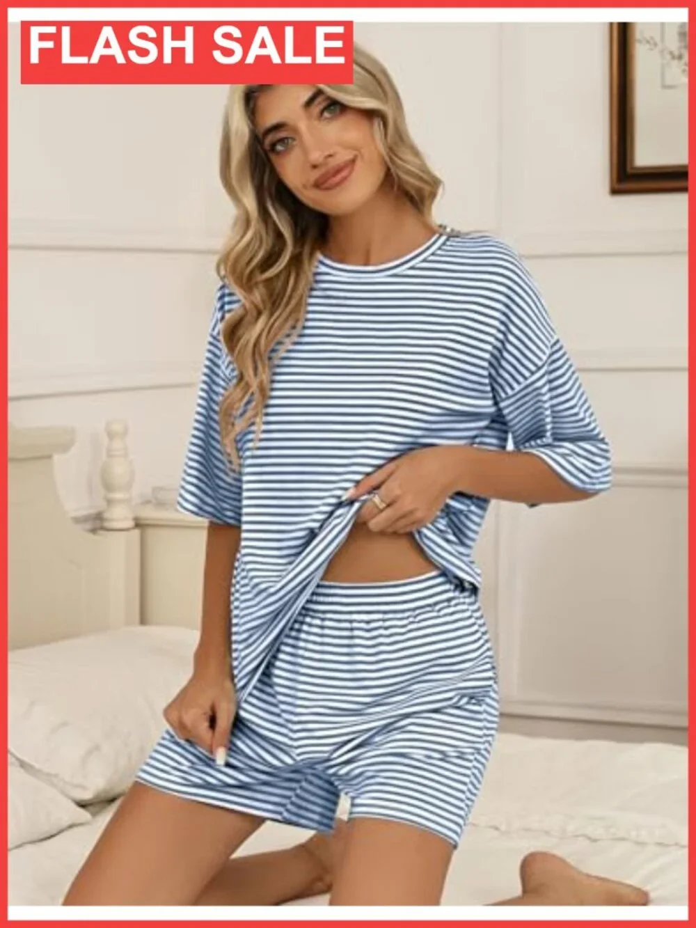 3/4 Sleeve Pajama Set with Elastic Waist Pocket Shorts